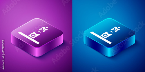 Isometric Slavic pagan idol icon isolated on blue and purple background. Antique ritual wooden idol. Square button. Vector.