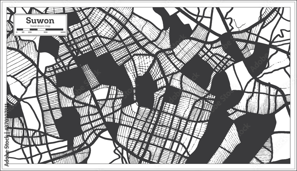 Suwon South Korea City Map in Black and White Color in Retro Style.