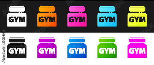 Set Sports nutrition bodybuilding proteine power drink and food icon isolated on black and white background. Vector.