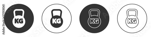 Black Kettlebell icon isolated on white background. Sport equipment. Circle button. Vector.