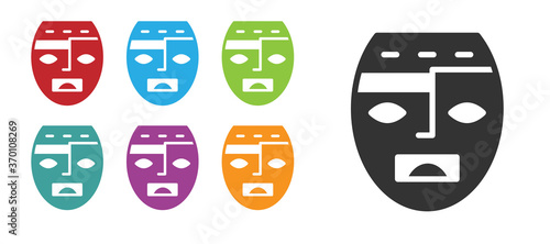 Black Mexican mayan or aztec mask icon isolated on white background. Set icons colorful. Vector.