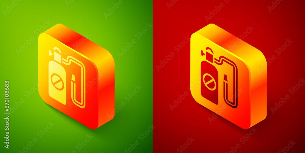 Isometric Pressure sprayer for extermination of insects icon isolated on green and red background. Pest control service. Disinfectant sprayer. Square button. Vector. Isometric Pressure sprayer for extermination of insects icon isolated on green and red background. Pest control service. Disinfectant sprayer. Square button. Vector.