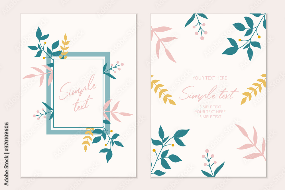 Modern botanical invitation card template with flowers and leaves.Cards with space for text.
