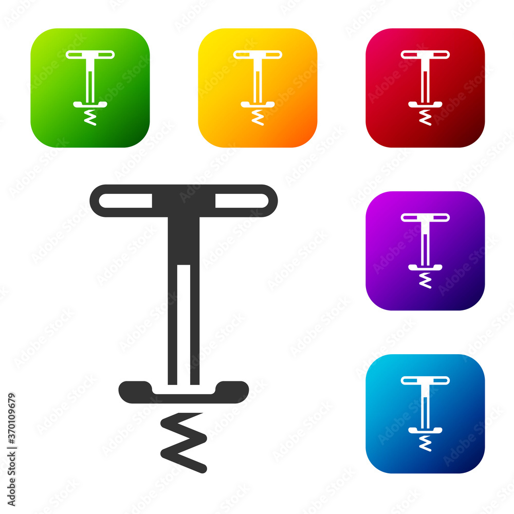 Black Pogo stick jumping toy icon isolated on white background. Set icons in color square buttons. Vector. Black Pogo stick jumping toy icon isolated on white background. Set icons in color square buttons. Vector.