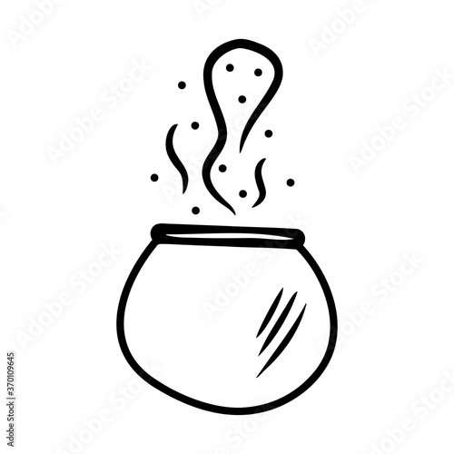 Hand drawn magic cauldron isolated on a white background. Element for celebrating Halloween. Doodle, simple outline illustration. It can be used for decoration of textile, paper and other surfaces.