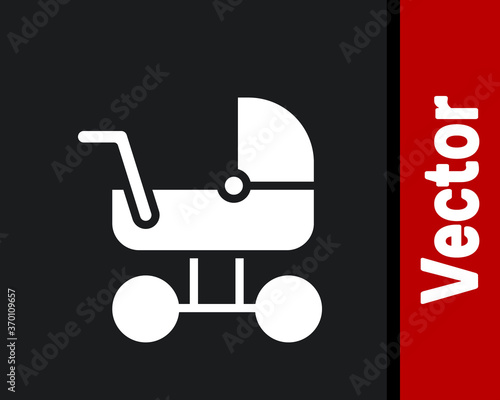 White Baby stroller icon isolated on black background. Baby carriage, buggy, pram, stroller, wheel. Vector.