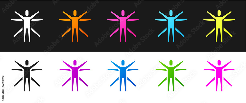 Obraz premium Set Vitruvian Man by Leonardo Da Vinci icon isolated on black and white background. Human anatomy. Vector.