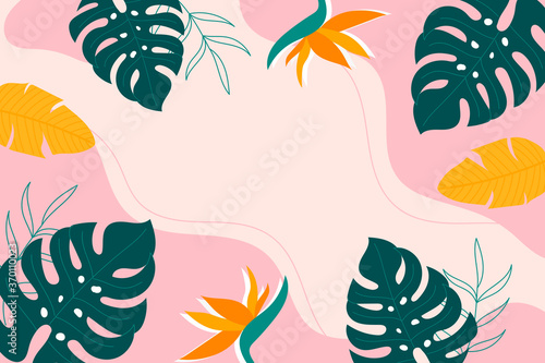 Abstract tropical background with green monstera leaves,strelitzia and bananas leaves