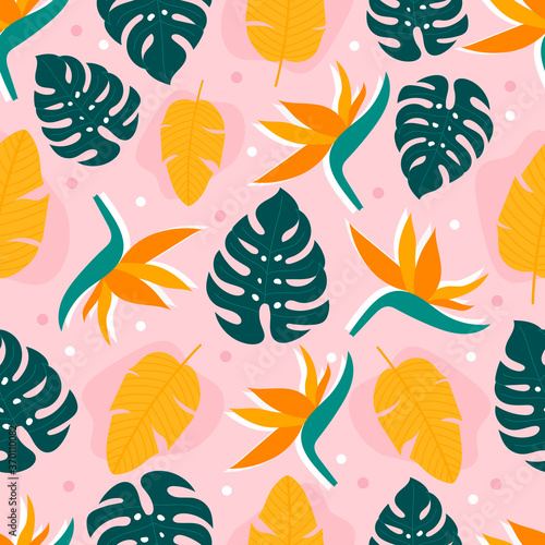 Modern tropical seamless pattern with brown monstera leaves. Tropical wallpaper