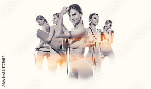 team of trainers in the gym. a woman leads a healthy lifestyle doing various sports. white background, isolate studio shooting copy space