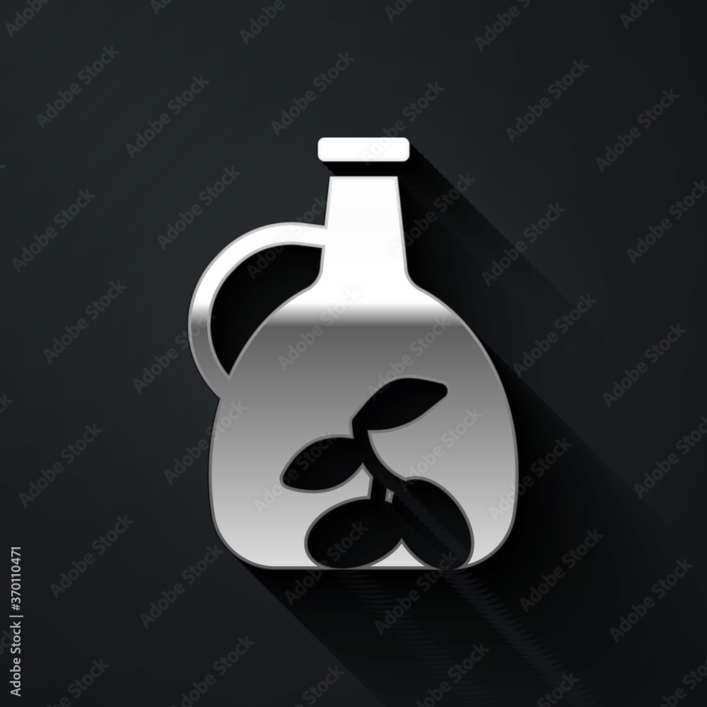 Silver Bottle of olive oil icon isolated on black background. Jug with olive oil icon. Long shadow style. Vector.