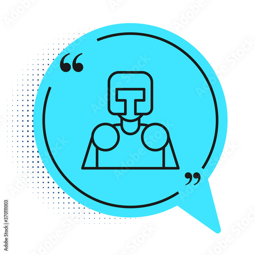 Black line Medieval knight icon isolated on white background. Blue speech bubble symbol. Vector.