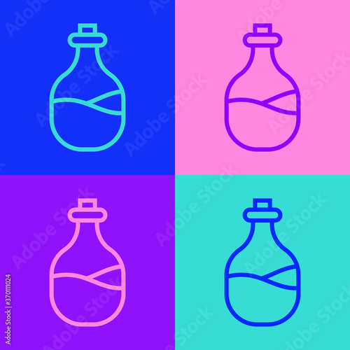 Pop art line Old bottle of wine icon isolated on color background. Vector.