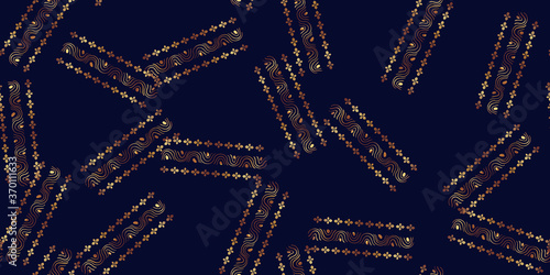 Abstract shapes geometric pattern with lines. Simple graphic print. A seamless vector background. Dark and gold texture.