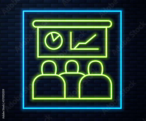 Glowing neon line Training, presentation icon isolated on brick wall background. Vector.