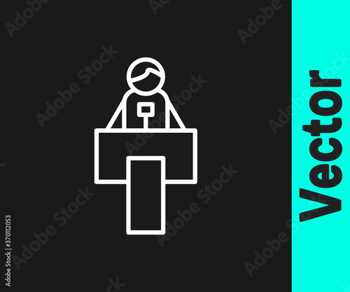 White line Stage stand or debate podium rostrum icon isolated on black background. Conference speech tribune. Vector.