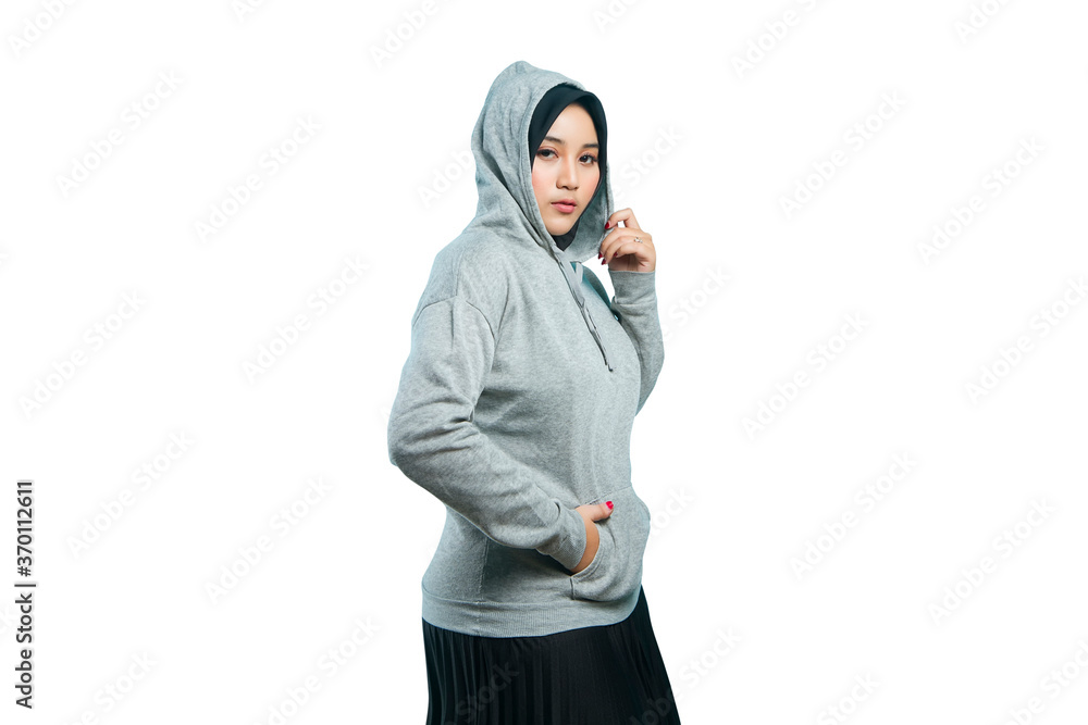 asian muslim woman wearing casual outfit on isolated white background asian muslim woman wearing casual outfit on isolated white background
