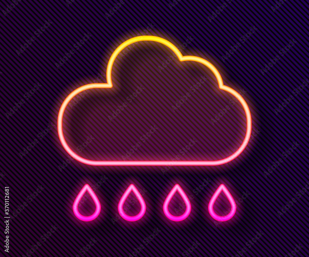 Glowing neon line Cloud with rain icon isolated on black background. Rain cloud precipitation with rain drops. Vector. Glowing neon line Cloud with rain icon isolated on black background. Rain cloud precipitation with rain drops. Vector.