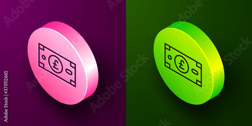 Isometric line Pound sterling money icon isolated on purple and green background. Pound GBP currency symbol. Circle button. Vector.