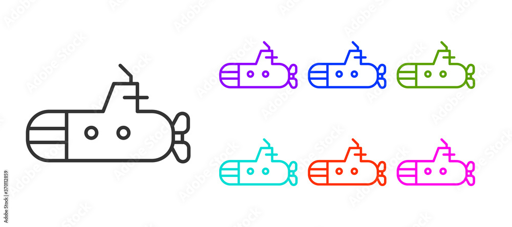 Black line Submarine icon isolated on white background. Military ship. Set icons colorful. Vector.