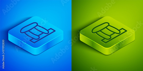 Isometric line Stonehenge icon isolated on blue and green background. Square button. Vector.