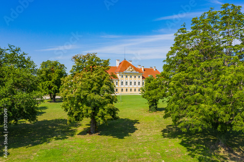 Croatia, old town of Vukovar, city museum in old castle among the trees in park, classic historic architecture 