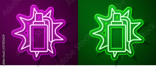 Glowing neon line Hand grenade icon isolated on purple and green background. Bomb explosion. Vector.