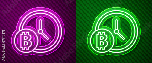 Glowing neon line Cryptocurrency coin Bitcoin with clock icon isolated on purple and green background. Physical bit coin. Blockchain based secure crypto currency. Vector.