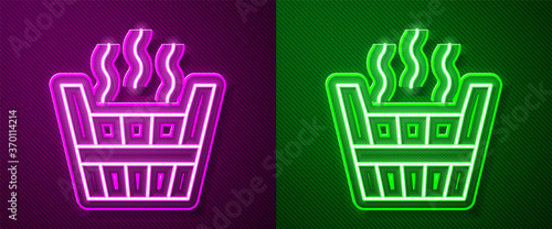 Glowing neon line Sauna bucket icon isolated on purple and green background. Vector.