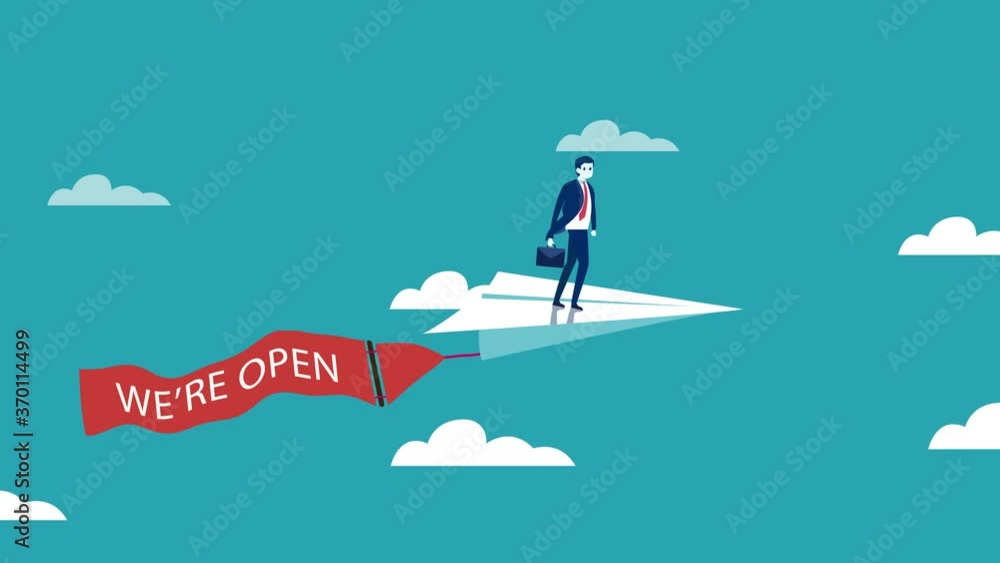 Manager with text of we are open on paper plane Manager with text of we are open on paper plane