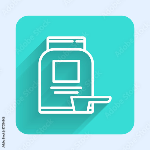 White line Sports nutrition bodybuilding proteine power drink and food icon isolated with long shadow. Green square button. Vector.