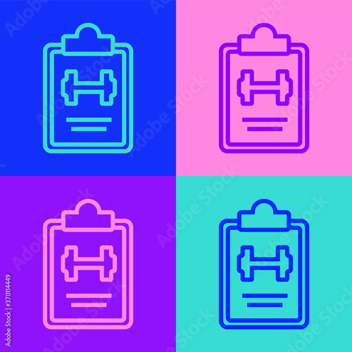 Pop art line Sport training program or fitness plan icon isolated on color background. Vector.