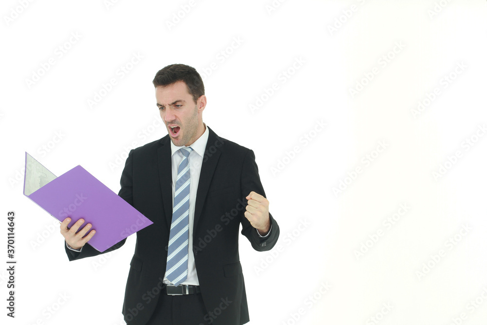 Handsome Caucasian man in black suit holding violet document file and success in work isolated on white background. Handsome Caucasian man in black suit holding violet document file and success in work isolated on white background.