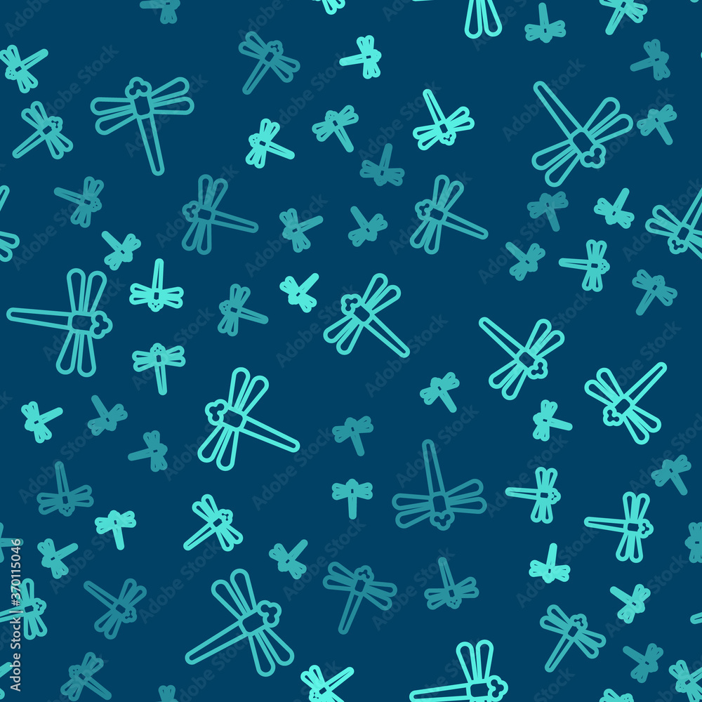 Green line Dragonfly icon isolated seamless pattern on blue background. Vector. Green line Dragonfly icon isolated seamless pattern on blue background. Vector.