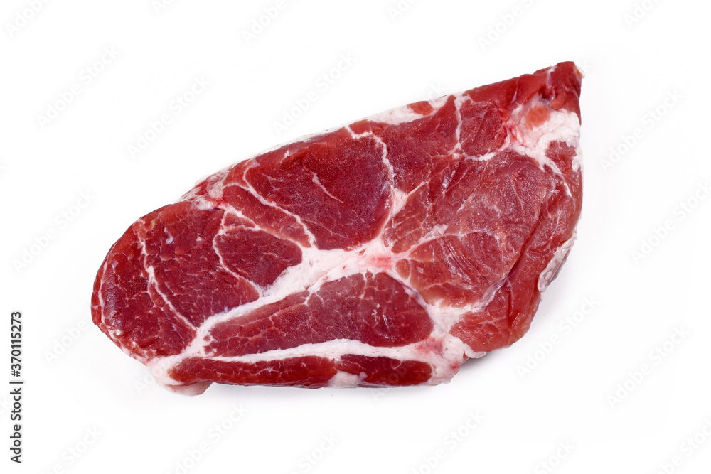 Streaked raw red pork steak meat isolated on white background Streaked raw red pork steak meat isolated on white background