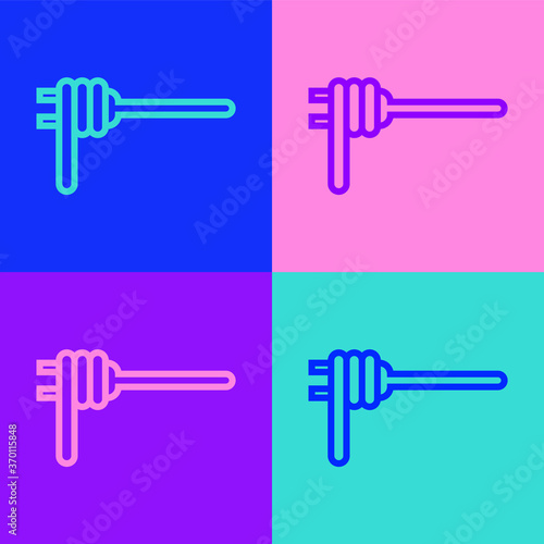 Pop art line Pasta spaghetti on the fork icon isolated on color background. Italian restaurant. Vector.