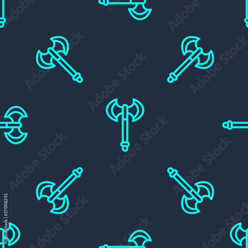 Green line Medieval axe icon isolated seamless pattern on blue background. Battle axe, executioner axe. Medieval weapon. Vector.