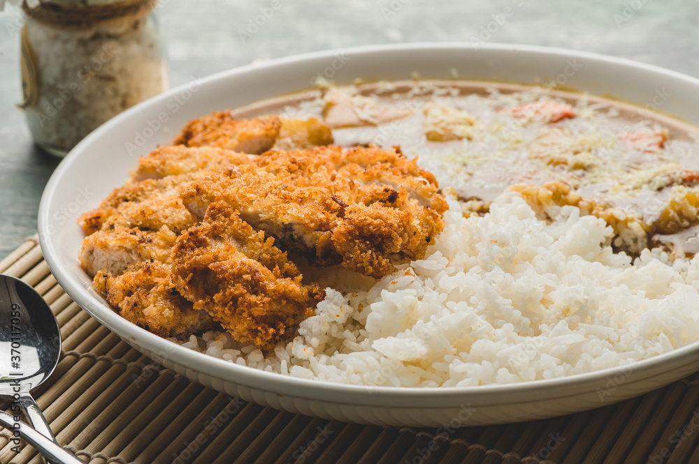 Homecooked Japanese Chicken Cutlet Curry Rice- Side View Homecooked Japanese Chicken Cutlet Curry Rice- Side View