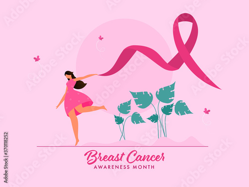 Faceless Young Girl Holding Ribbon in Running Pose and Green Leaf Plants on Pink Background for Breast Cancer Awareness Month.