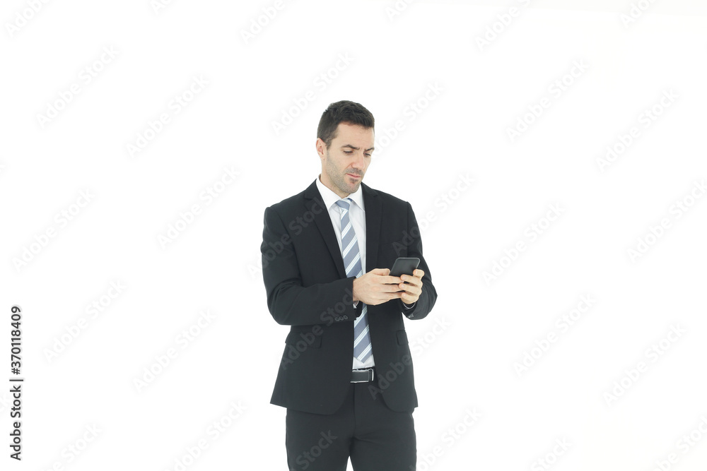 Handsome businessman in a suit hand holding smartphone isolated on white background.Copy Space Handsome businessman in a suit hand holding smartphone isolated on white background.Copy Space