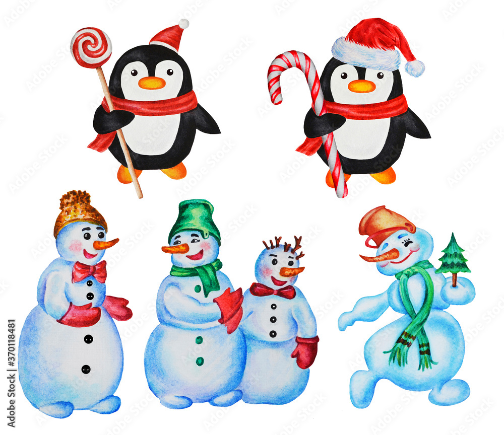 Winter illustration with funny penguins with sweets and a Christmas hat and funny snowmen. Set. Watercolor, hand drawing. Winter illustration with funny penguins with sweets and a Christmas hat and funny snowmen. Set. Watercolor, hand drawing.