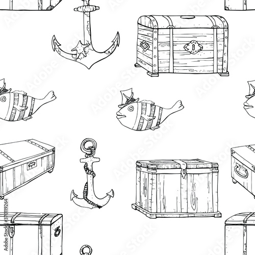 vector illustration seamless pattern chest,hat pirate fish,anchor,doodle