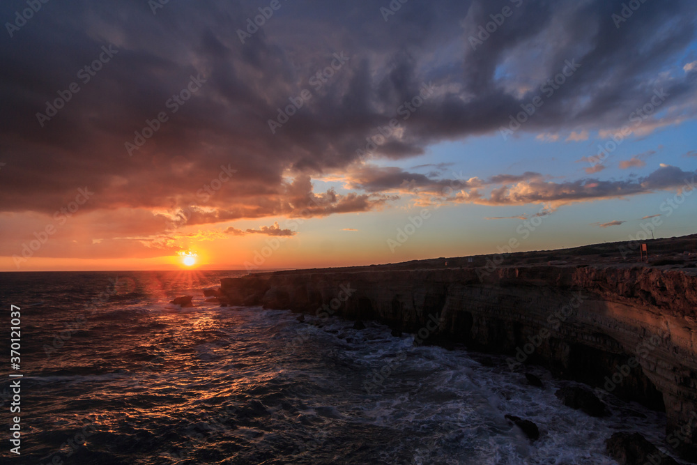 Obraz premium Stormy Weather at sea Caves in Cape Grego Ayia Napa, Cyprus 