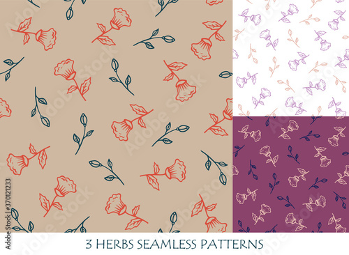 Flowers seamless patterns set for packaging design templates and textile. Hand drawn vector illustration.