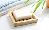 White Soap bar on wooden soap dish and cotton towels on a white table
