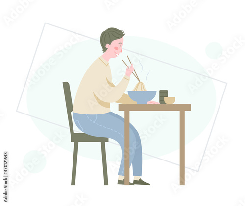 Happy man sits at a table and eats noodles from a plate. Cartoon vector illustration.