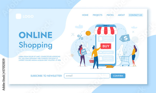 Landing Page template of Online Shopping.Tiny Male and Female Characters shop through the big phone. Concept of web page design for website. Cartoon Flat Character Vector Illustration.