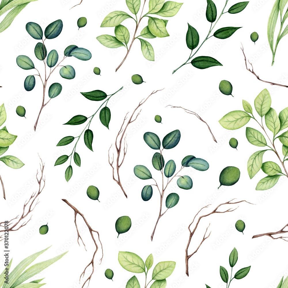Fototapeta premium Seamless Pattern of Watercolor Leaves and Branches