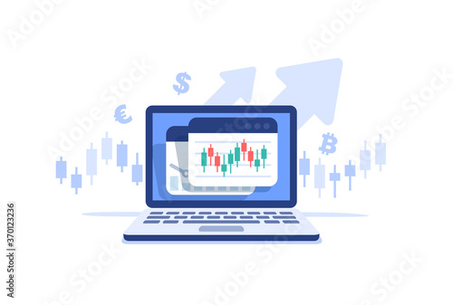 Stocks market graph chart on laptop screen. Technical analysis candlestick chart. Global stock exchanges index. Forex trading concept. Trading strategy. Vector illustration in flat style.