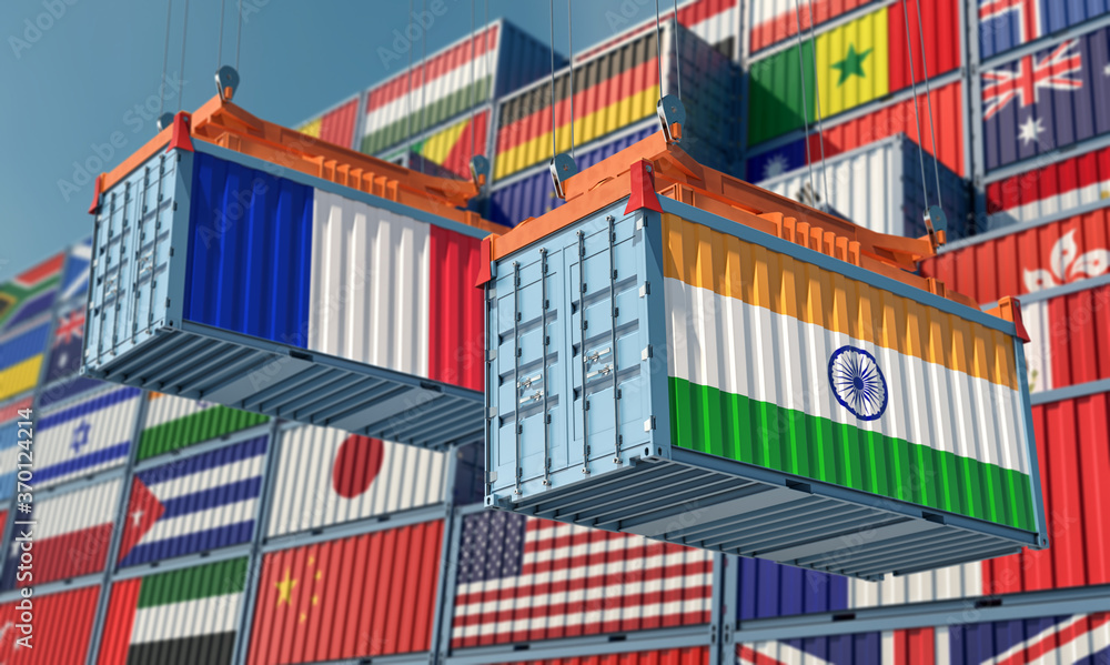 Freight containers with India and France flag. 3D Rendering 